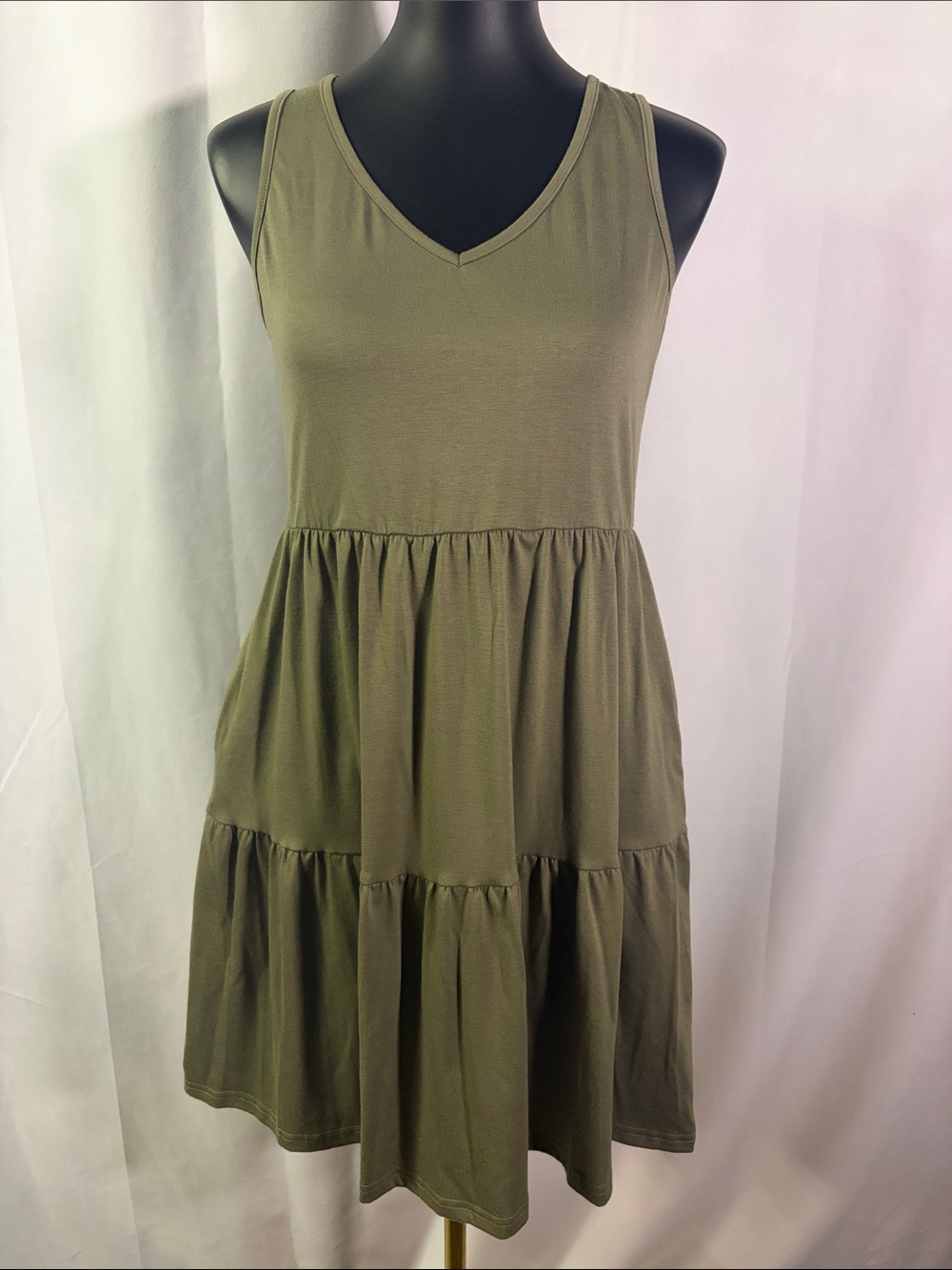 Olive Green Sleeveless Tiered Hem Mini Dress